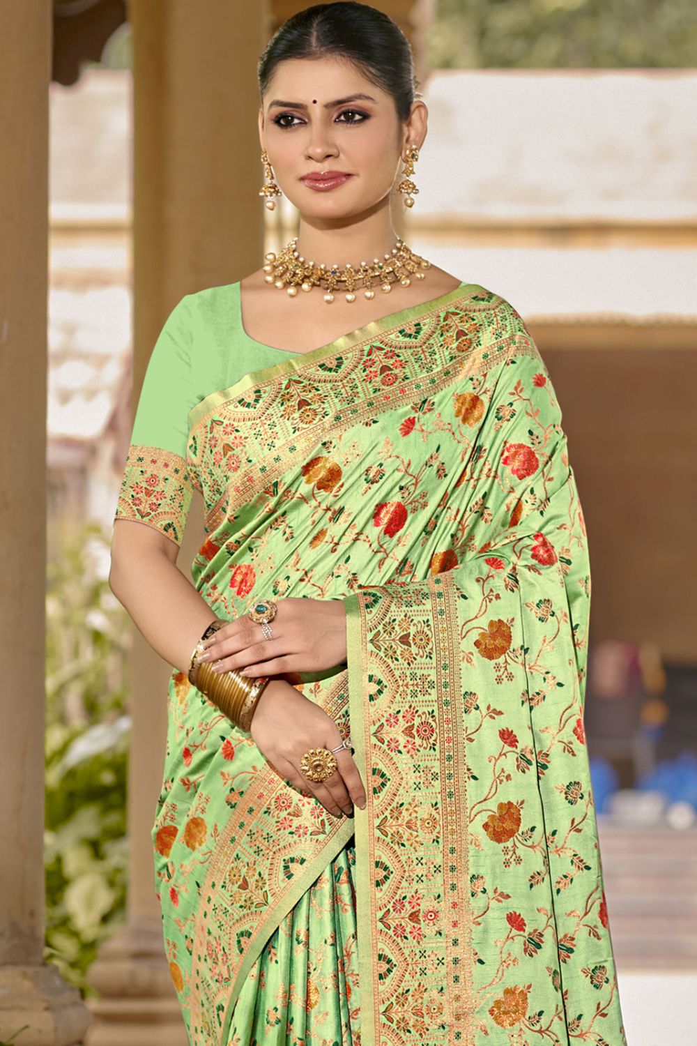 Pista Green Silk Woven Work Saree