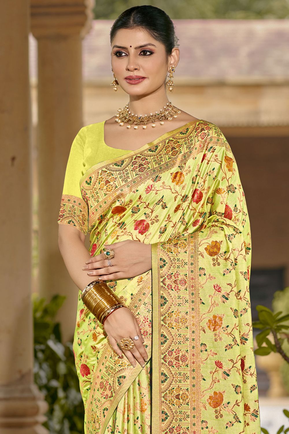 Lime Yellow Silk Woven Work Saree