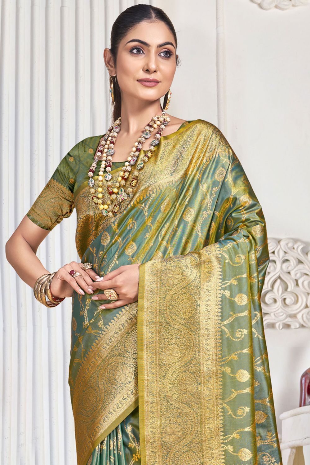 Sauf Green Silk Woven Work Saree