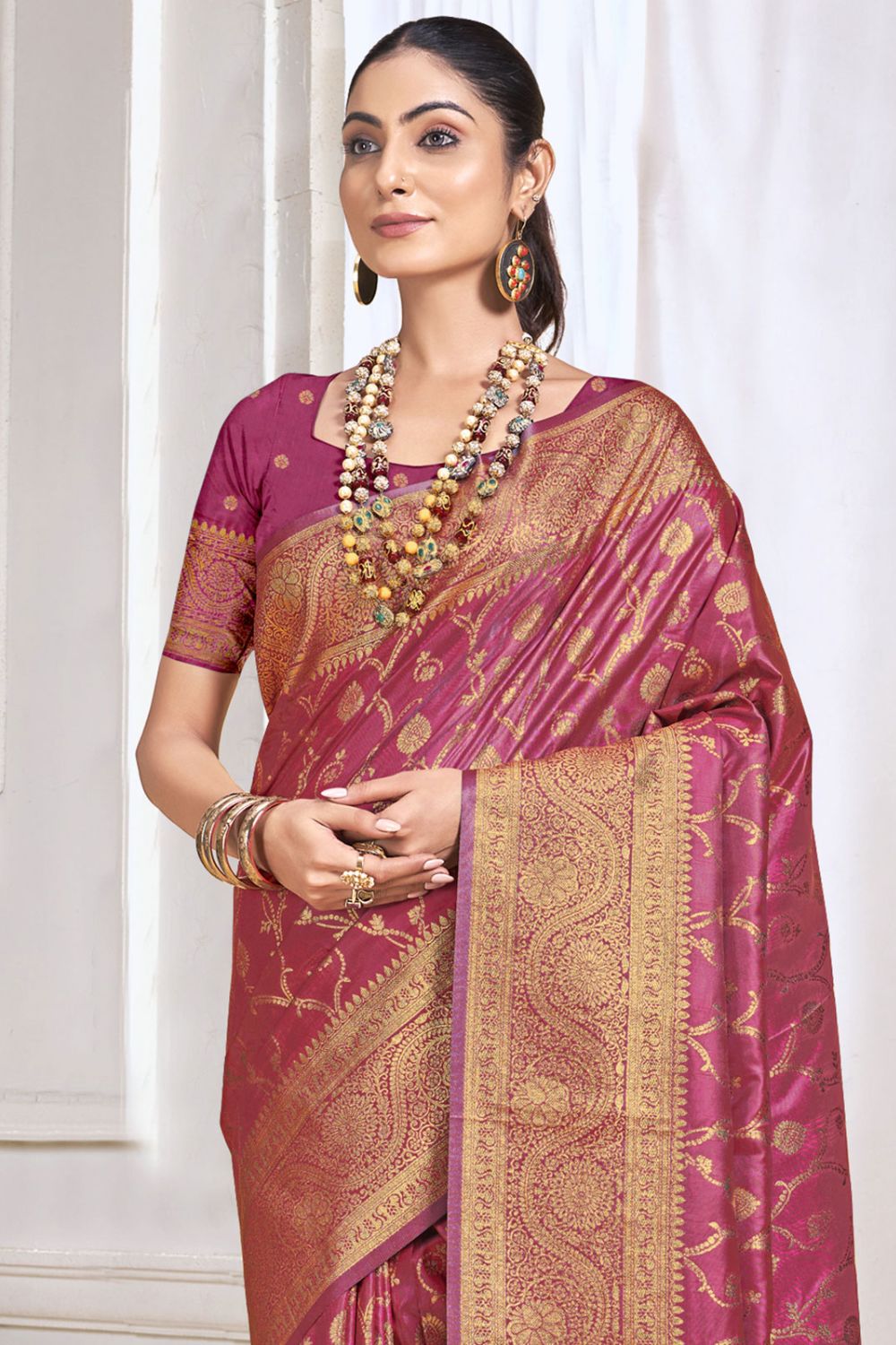 Rouge Pink Silk Woven Work Saree