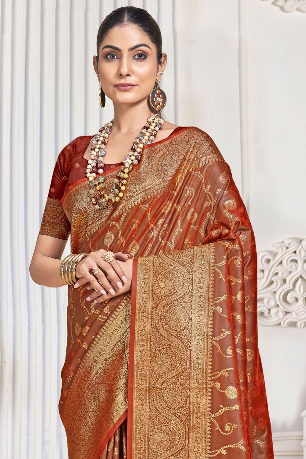 Maroon Silk Woven Work Saree