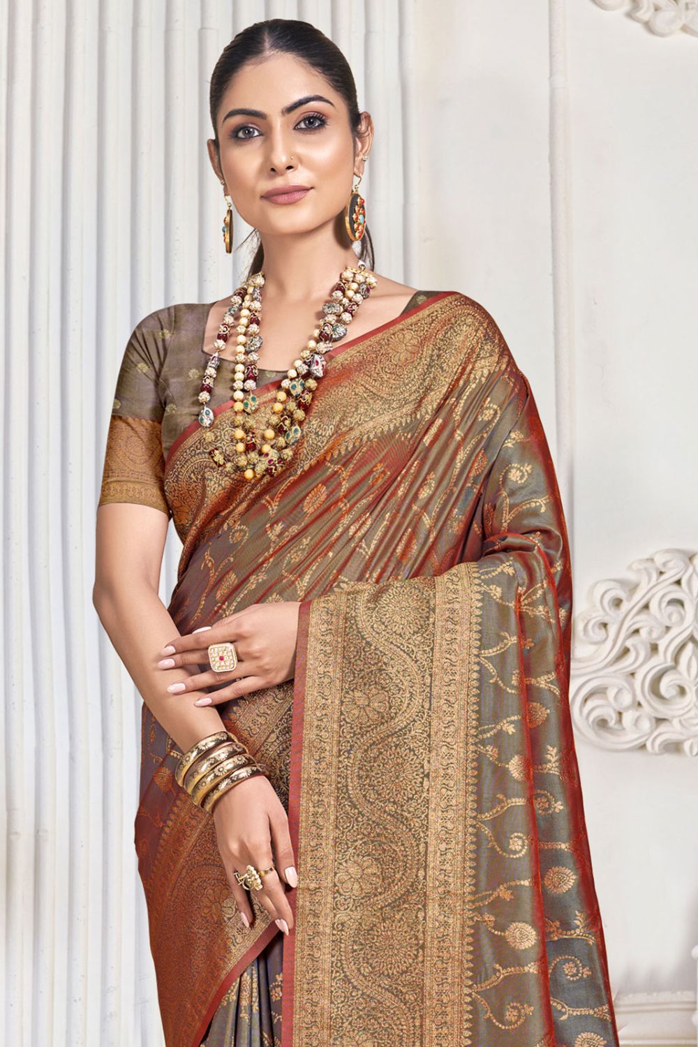 Brown Silk Woven Work Saree