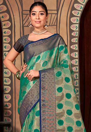 Rama Green Organza Saree for Party