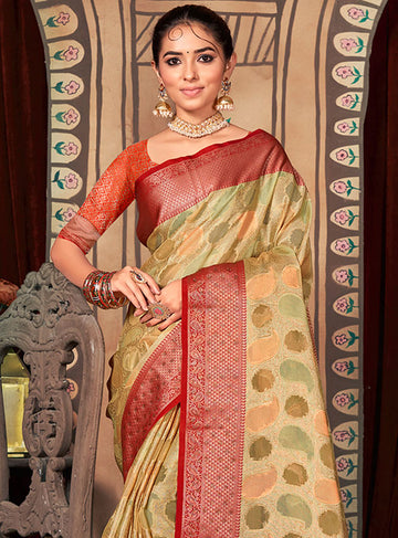 Beige Organza Saree for Party