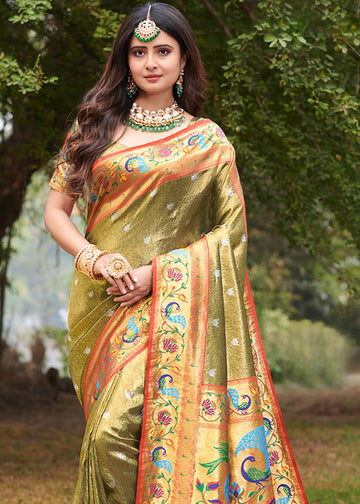 Olive Green Paithani Silk Zari Weaving Work Saree