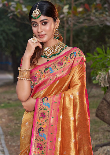 Orange Paithani Silk Zari Weaving Work Saree