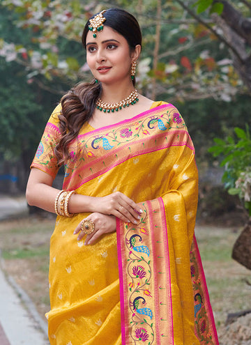 Golden Yellow Paithani Silk Zari Weaving Work Saree