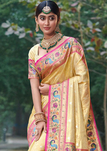 Beige Paithani Silk Zari Weaving Work Saree