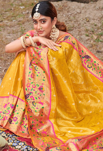 Golden Yellow Paithani Silk Zari Weaving Work Saree