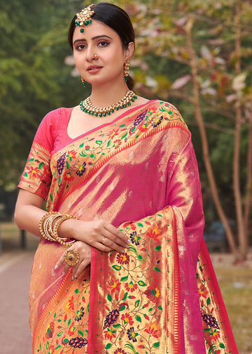 Rani Pink Paithani Silk Zari Weaving Work Saree