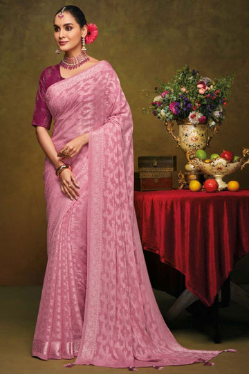 Carnation Pink Brasso Saree with Embroidered Blouse