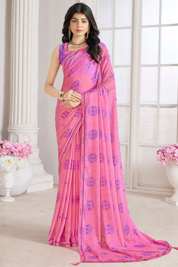 Carnation Pink Digital Printed Chiffon Casual Wear Saree