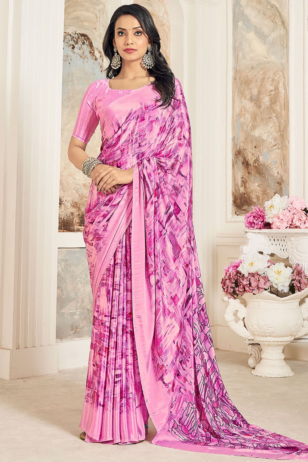 Carnation Pink Digital Print Silk Crepe Saree for Party