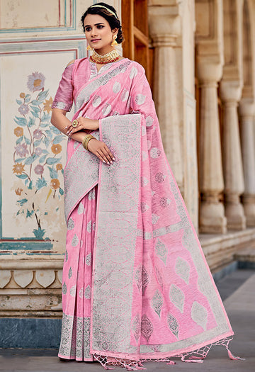 Carnation Pink Foil Print Linen Saree for Party