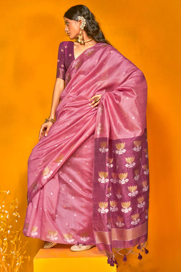 Carnation Pink Woven Handloom Tussar Silk Saree