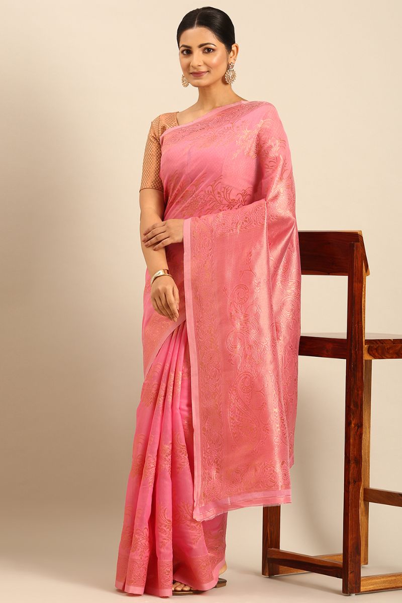 Carnation Pink Jacquard Work Cotton Saree