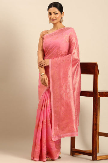 Carnation Pink Cotton Jacquard Work Saree