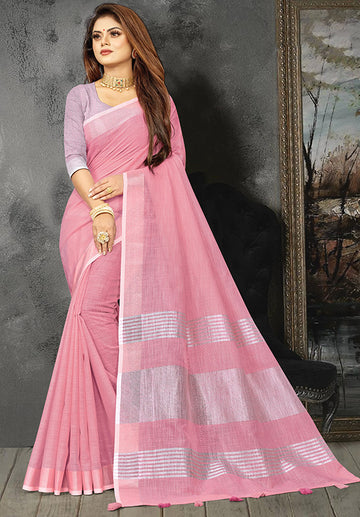 Carnation Pink Linen Saree for Party