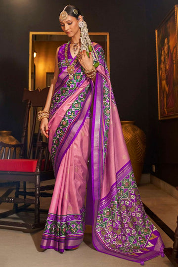 Carnation Pink Patola Silk Saree for Ceremonial