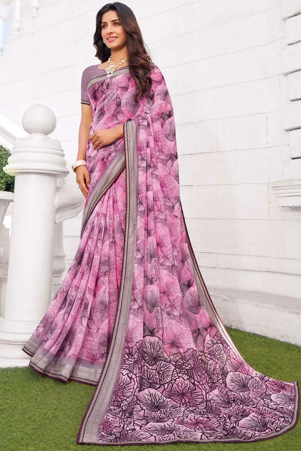 Carnation Pink Printed Georgette Casual Saree