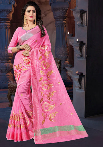 Carnation Pink Printed Supernet Saree for Party