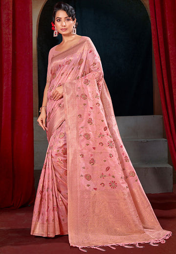 Carnation Pink Woven Patola Silk Saree for Party