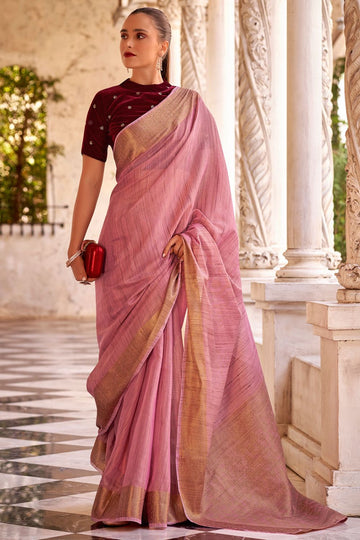 Carnation Pink Exclusive Partywear Linen Saree with Double Blouse