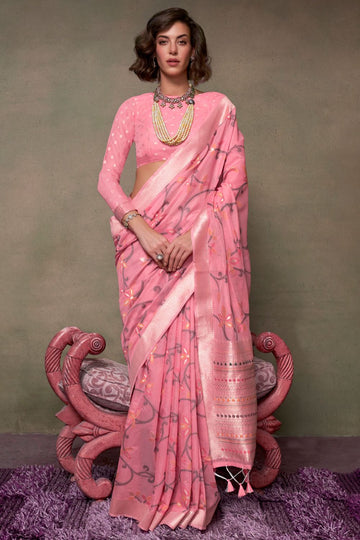 Carnation Pink Zari Woven Mal Spun Cotton Saree for Party