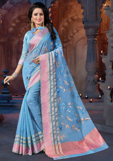 Carolina Blue Printed Supernet Saree for Party