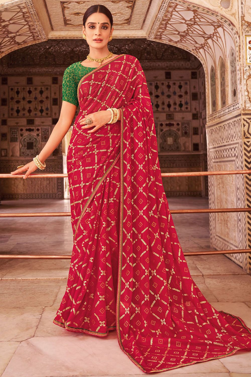 Carrot Red Chiffon Saree with Embroidery Work