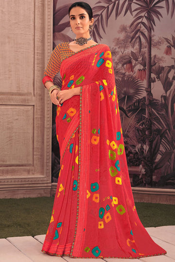 Carrot Red Printed Georgette Casual Wear Saree