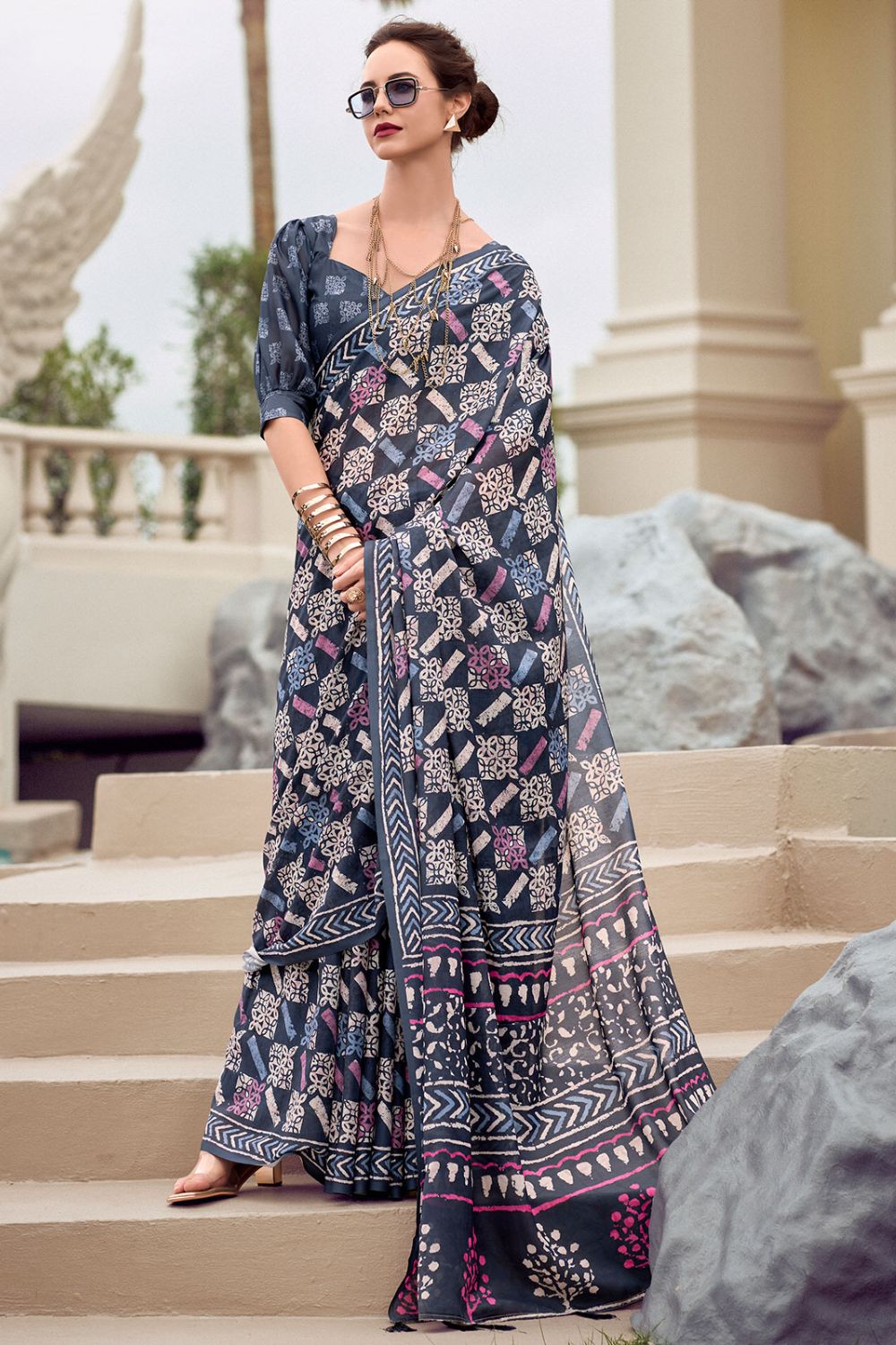 Charcoal Grey Pure Mal Mal Silk Printed Saree