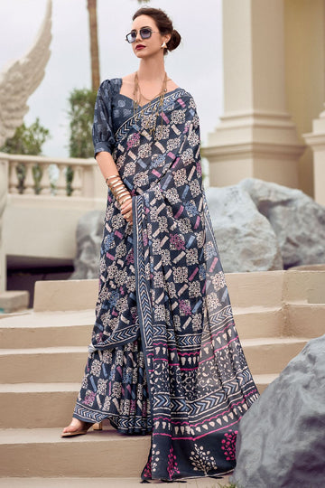 Charcoal Grey Pure Mal Mal Silk Printed Saree