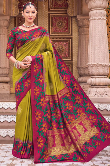 Chartreuse Green Silk Printed Saree