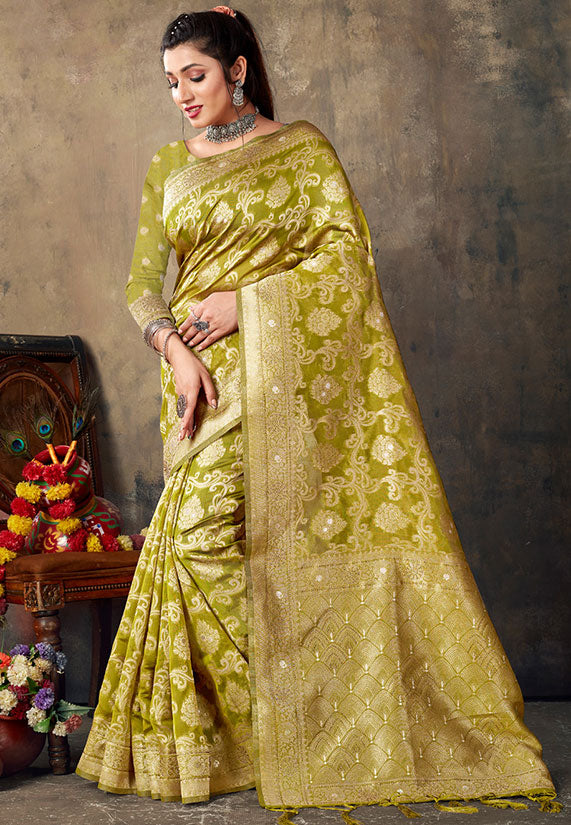 Chartreuse Green Woven Organza Saree for Party