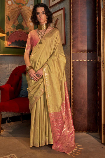 Chartreuse Handloom Weaving Tussar Silk Saree for Festival