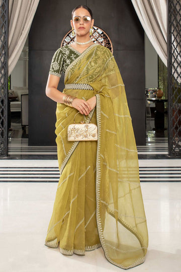 Chartreuse Yellow Organza Saree with Embroidered Blouse for Party