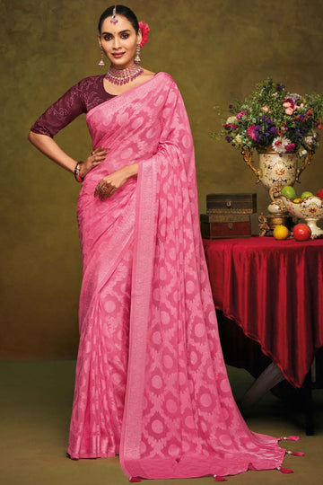 Cherry Pink Brasso Saree with Embroidered Blouse