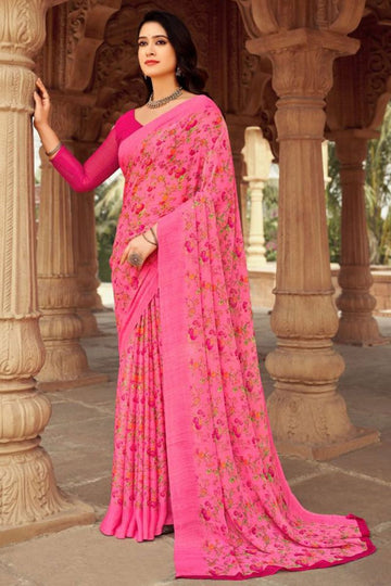 Cherry Pink Floral Printed Chiffon Casual Wear Saree