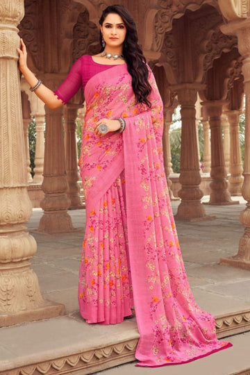 Cherry Pink Floral Printed Chiffon Casual Wear Saree