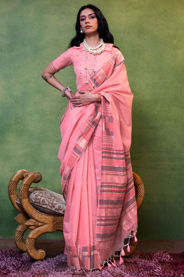 Cherry Pink Hand Woven Mal Spun Cotton Saree for Party