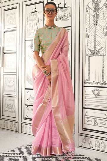 Cherry Pink Handloom Weaving Moss Chiffon Saree for Party