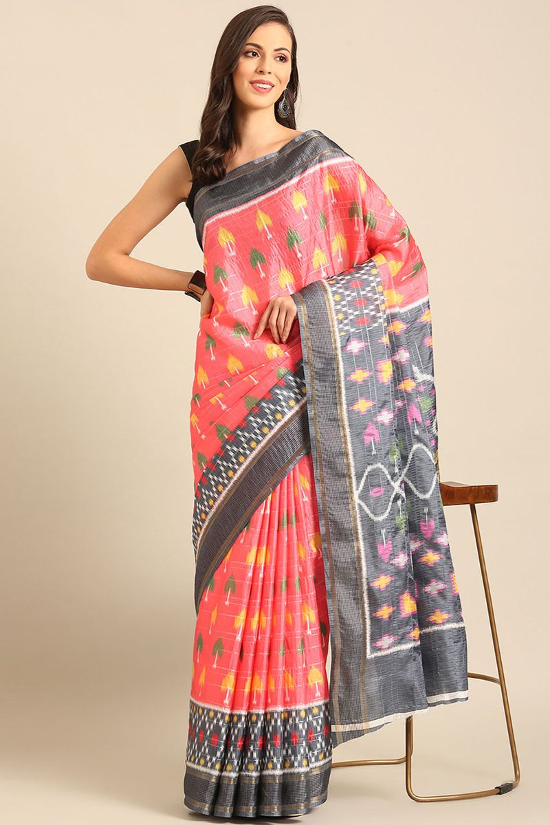 Cherry Pink Patola Print Cotton Saree