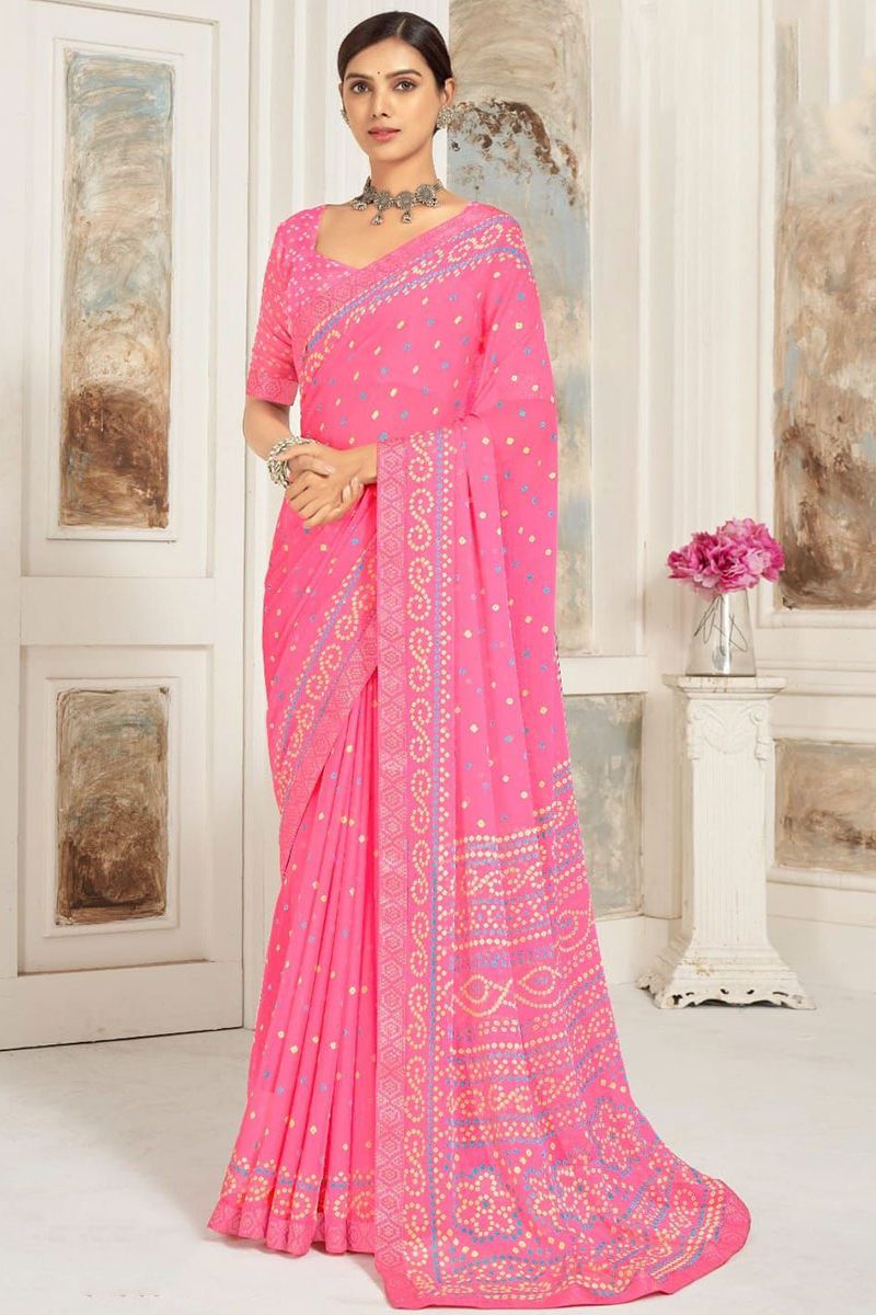 Cherry Pink Printed Casual Wear Saree