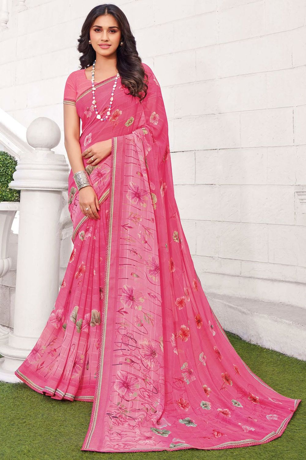 Cherry Pink Printed Georgette Casual Saree