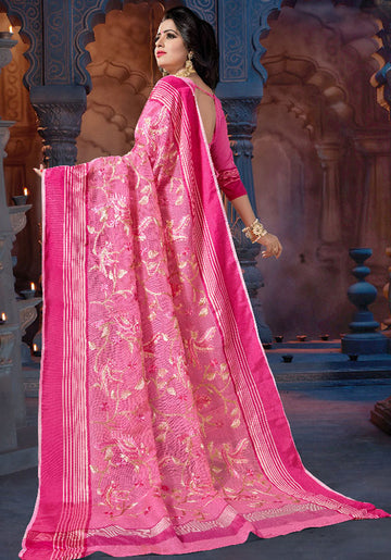 Cherry Pink Printed Supernet Saree for Party