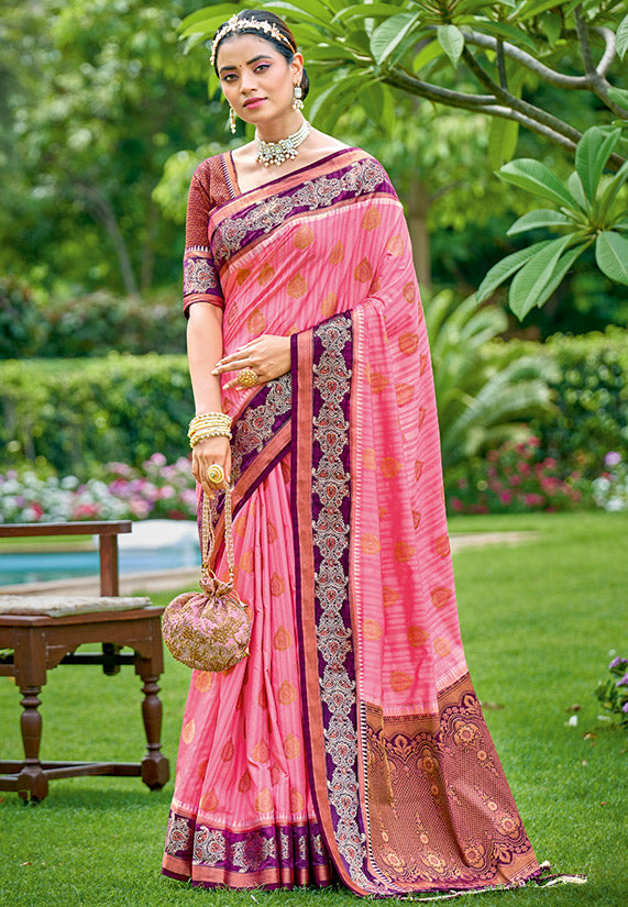 Cherry Pink Weaving Work Banarasi Silk Saree