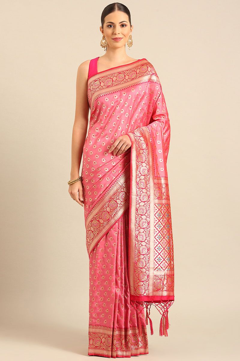 Cherry Pink Woven Banarasi Silk Saree