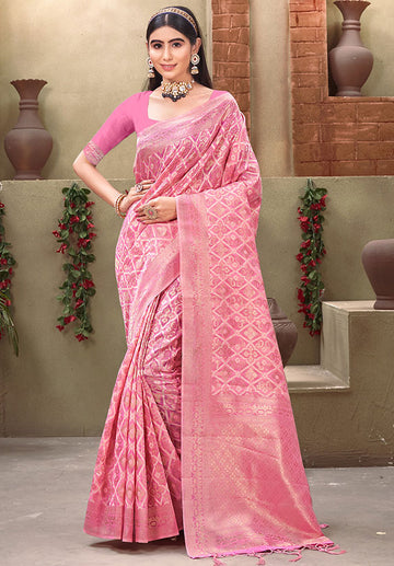 Cherry Pink Weaving Work Cotton Saree