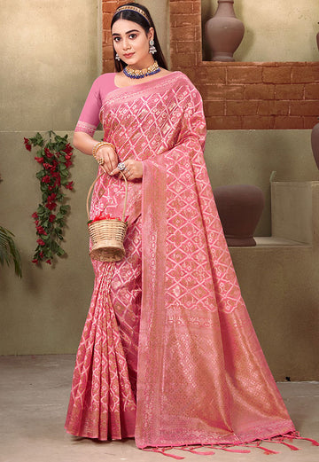 Cherry Pink Weaving Work Cotton Saree